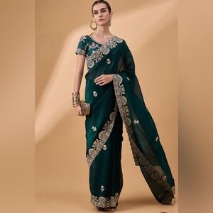 Green Silk Muslin Embroidered Saree (with Top)